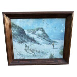 Vintage Seascape Beach At the Beach  Scene Framed Art Lithograph Print By A. Seh